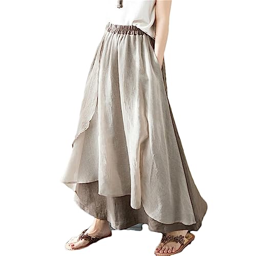 Arts Style Frauen Elastische Taille Lose Asymmetrische Lange Röcke Patchwork Baumwolle A-Linie Röcke, khaki, 44 von Generic