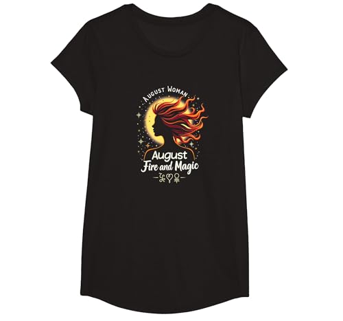 August Woman: Feuer und Magie Geburtstagsgeschenk T-Shirt, Girls, Schwarz, XS von Generic