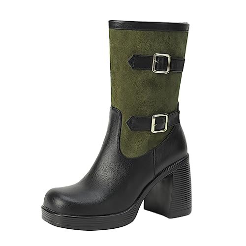 Außenhandel Große Größe Herbst Und Winter Frauen Stiefel Gürtelschnalle Colorblocking Dicker High Heel Personalisierte Frauen Mitte Wade Stiefel plus Größe Frauen Stiefel Breite Wade, grün, 39 EU von Generic