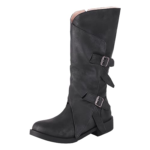 Außenhandel - Winterstiefel für Damen, Gürtelschnalle, niedriger Absatz, runder, hohe Fassstiefel (Black, 42) von Generic