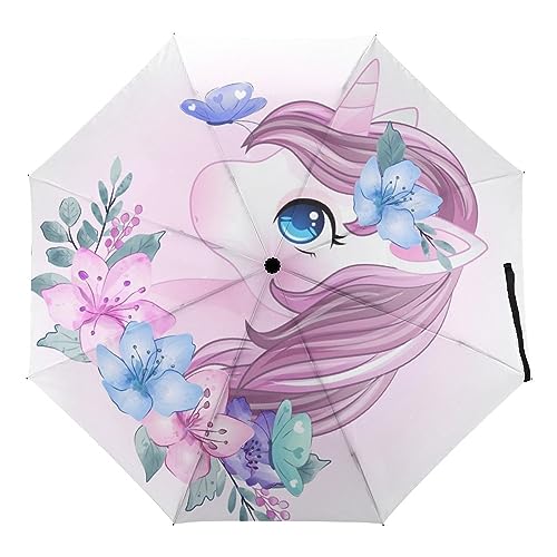 Automatischer Regenschirm Einhorn Und Blumen Faltbare Regenschirme Leichte Winddichte Regenschirme Tragbare Reiseschirme von Generic