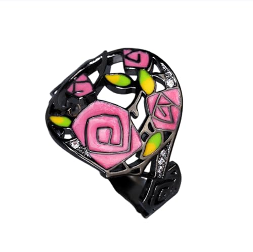 Awmnjtmgpw Damenring mit Dornrose, handbemalt, Emaille, Blumenring, Größe 6-10 (Größe 6) von Generic