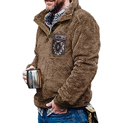 Aztec Fleece Pullover Herren Ohne Kapuze Fleecepullover mit Tasche Männer Teddy Fleecejacke Button down Sweatshirt Warm Vintage Winterpullover Fuzzy Sherpa Sweatpullover Kaffee L von Generic