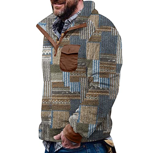 Aztec Fleece Pullover Herren Ohne Kapuze Fleecepullover mit Tasche Winterpullover Männer Fleecejacke Button down Sweatshirt Warm Vintage Norweger Pullover Fuzzy Sherpa Sweatpullover Khaki XL von Generic