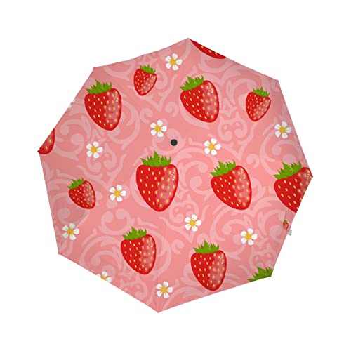 BALll Faltbarer Regenschirm, automatisches Öffnen und Schließen, Anti-UV, niedliche Erdbeeren, Reisen, kompakter Regenschirm, tragbar, Süße Erdbeeren von Generic