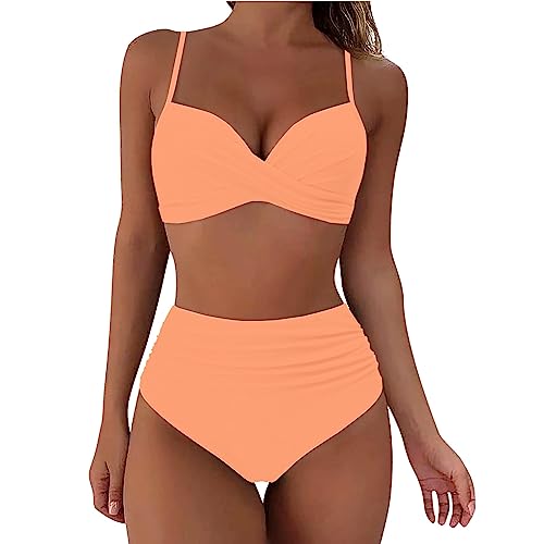 BBring Bikini-Sets Für Damen Damen-Bikini mit hoher Taille, sexy Push-up-Zweiteiler-Badeanzug, Vintage-Badeanzug, Zweiteiliger Retro-Bikini-Set mit gerüschtem Print und hoher Taille（E-Orange,S von Generic