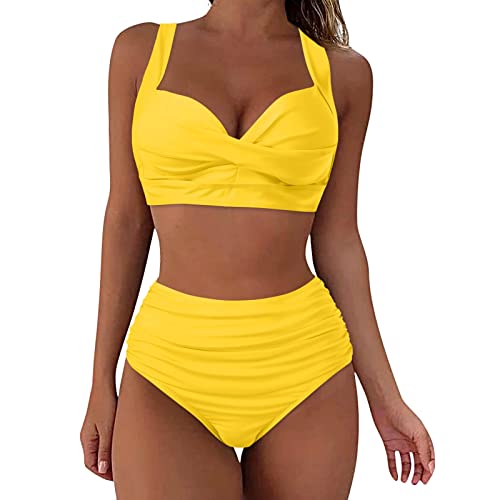 BBring Bikinis Für Damen Damen-Bikini mit hoher Taille, sexy Push-Up, Zweiteilige Badeanzüge, Vintage-Badeanzug, zweiteiliges Retro-Bikini-Set mit hoher Taille und hohem Bund（D-Gelb,XXL von Generic