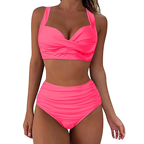 BBring Bikinis Für Damen Damen-Bikini mit hoher Taille, sexy Push-Up, Zweiteilige Badeanzüge, Vintage-Badeanzug, zweiteiliges Retro-Bikini-Set mit hoher Taille und hohem Bund（D-Rosa,XXL von Generic