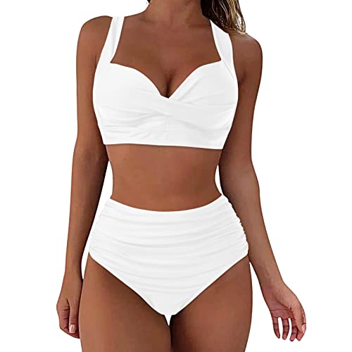 BBring Bikinis Für Damen Damen-Bikini mit hoher Taille, sexy Push-Up, Zweiteilige Badeanzüge, Vintage-Badeanzug, zweiteiliges Retro-Bikini-Set mit hoher Taille und hohem Bund（D-Weiß,XL von Generic