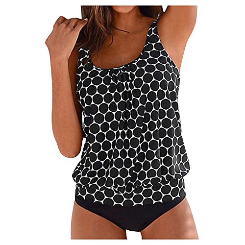 BBring Damen Badeanzug Set Badeanzüge Piece Swimdress Plus Riemchenrücken Frauen Print Size Two Swimwears Tankinis Sets Bademode Damen Große Größe Bikini Sexy Damen String(B10-Schwarz,XXL) von Generic