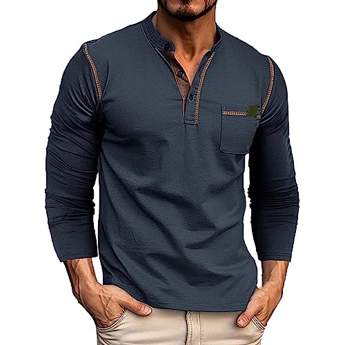 BBring Henley Pullover Herren,Herren Henley Shirt Hemd Basic Langarm Knopfleiste Waffel Shirt Freizeit Baumwolle T-Shirt mit Brusttasche(Y3-Blue, L) von Generic