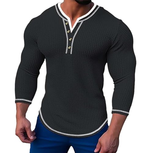 BBring Henley Shirt Herren,Herren Shirt Langarm Mit Knopfleiste Herrenmode Herbst Casual Langarm Knopf Einfarbig Langarm T-Shirt Top (Black, XL) Oberteile Langarm Shirts von Generic