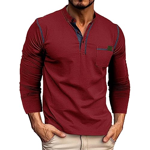 BBring Henley Shirt Herren,Pullover Herren Henley Shirt Waffle Baumwolle Langarmshirt Männer Long Sleeves Knopf Hemden Casual(Y3-Red, XL) Henley Shirt Herren von Generic