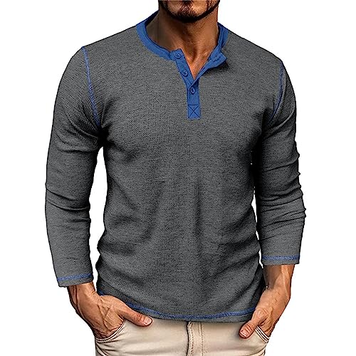 BBring Henley Shirt Herren Langarm Herrenmode Frühling und Herbst Casual Langarm Knopf einfarbig Langarm T-Shirt Top Vintage Pullover Herren (YB-Dark Gray, XXL) von Generic