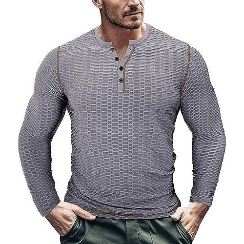 BBring Herren Shirt,Herren Leinenhemd für Sommer in Langarm/Henley Hemd für Freizeit und Business/Durch Krempeln zum Kurzarm Dank angenähtem Knopf(Grey, L) Langarmshirt Herren Basic von Generic