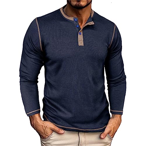 BBring Herren Shirt Langarm Mit Knopfleiste Herrenmode Herbst Casual Langarm Knopf Einfarbig Langarm T-Shirt Top Henley Shirt Für Herren (Y2-Blue, XL) von Generic