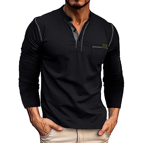 BBring Herren Shirt Langarm Mit Knopfleiste Herrenmode Herbst Casual Langarm Knopf Einfarbig Langarm T-Shirt Top Henley Shirt Für Herren (Z1-Black, XXL) Herren T-Shirt Langarm Mit Knopfleiste von Generic