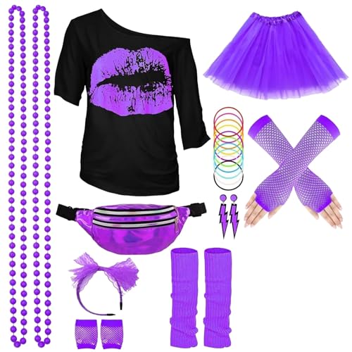 BBring Party Outfit Damen,Karneval Kostüm Damen Damen Freizeit Karneval Party Fischernetz Kurzarm Ohrringe Halskette Bein Set Handschlaufe Brille Stirnband Siebenteiliges Set (Purple, XXXL) von Generic