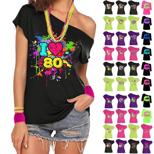 BBring T-Shirt I Love The 80,Kostüm Karneval Damen,Damen-T-Shirt mit Aufschrift I Love 80er, Retro-Partys, Popstar-T-Shirt, Top für Junggesellinnenabschied, Junggesellinnenabschied(Green, L) von Generic