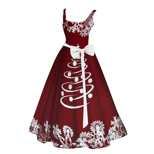 BBring Weihnachten Kleid Damen Vintage Cocktailkleid Knielang Ballkleid Rockabilly Kleider Sexy ärmellos Partykleid Schneeflocke Elch Druck Abendkleid Elegant Swing A-Linie Kleid(A1-Red, XXXL) von Generic