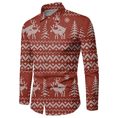 BBring Weihnachtspullover Für Herren,Herren Funky Christmas Print Weihnachtsmann Hemd Langarm Button Up Freizeithemd(Red, XL) Weihnachtshemd Herren Lustig von Generic