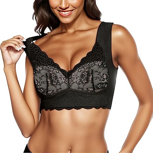 BH Damen Soft Spitzen Vorderverschluss Gepolstert Bralette Nahtlose Bustier Push-Up Bügelloser Weicher Atmungsaktiver Yoga Spitze Cups Schlafen von Generic