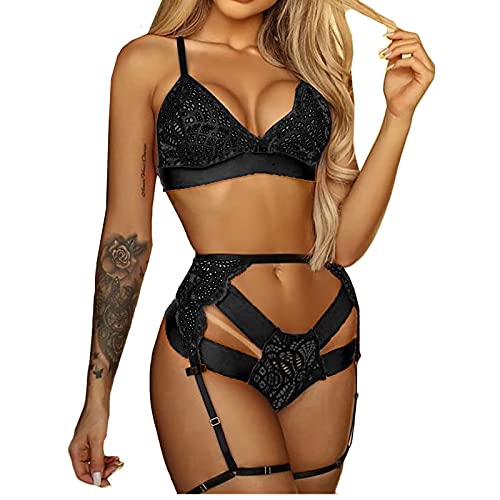 BH-Sets für Frauen Räumungsverkauf 3PC Sexy Frauen Spitze Wireless BH Sexy Dessous Strumpfband Tanga Set Unterwäsche von Generic