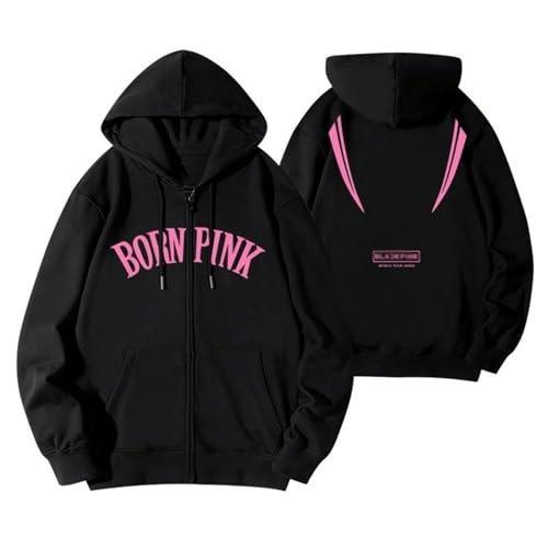 BLI-NK Album Born Pink Hoodie Support Bedrucktes Merch-Sweatshirt Baumwoll-Reißverschluss-Shirts(B Black-Fleece,M) von Generic