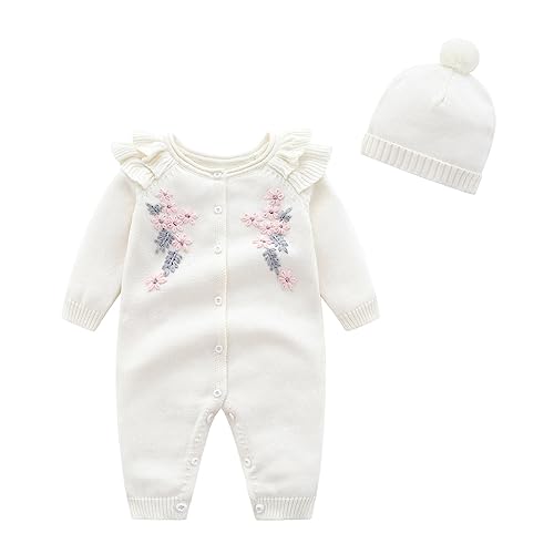 Baby 3 Kleinkind-Mädchen-Strickstrampler-Set mit Blumendruck und Mütze für 1 bis 18 Monate Jogginganzug Gr. 92 (White, 1-3 Months) von Generic