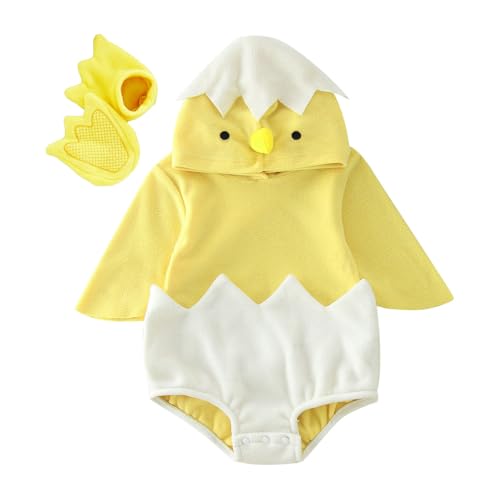 Baby Body Junge Mädchen Cartoon Küken Ostern Strampler Kostüm Langarm Kapuzen Fleece Strampler Niedlich Schuh Halloween Kleidung Sets Karneval Party Cosplay set Overall für Neugeborene 3-24 Monate von Generic