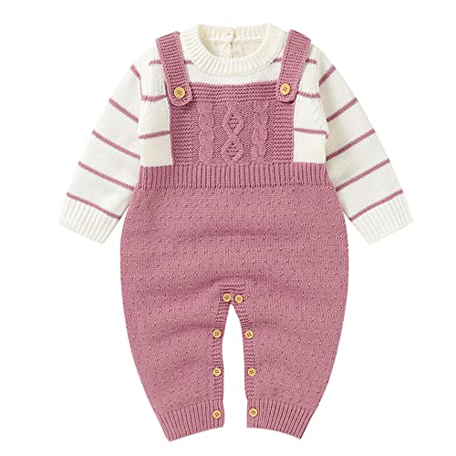 Baby Kinder Pullover Mädchen Jungen Strickpullover Kleidung Kleinkind Baumwolle Gestreift Mädchen Outfits Baby Overall Langer Pullover Jungen Herbst Winter Knitted Sweater Shirt (Pink, 3-6 Months) von Generic