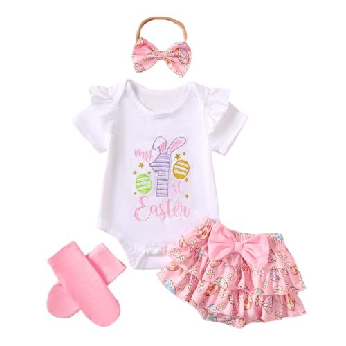 Baby Mädchen Ostern Kleidung Geburtstag Outfit Bunny Kurzarm Strampler Hohe Taille Rüschen Tütü Rock Stirnband Lange Socken Outfit Set 4tlg Party Bekleidungsset Mein Erstes Ostern von Generic
