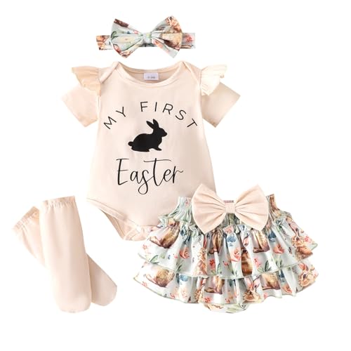 Baby Mädchen Ostern Kleidung Geburtstag Outfit Bunny Kurzarm Strampler Hohe Taille Rüschen Tütü Rock Stirnband Lange Socken Outfit Set 4tlg Party Bekleidungsset Mein Erstes Ostern von Generic
