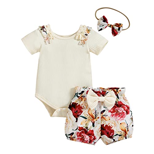 Baby Mädchen Sommer Outfit Baumwolle Brief Drucken Frühling T-Shirt Top/Body Overalls mit Herzform +Bedruckte Hose/Shorts + Stirnband 3 Stück Neugeborenen Set Baby Mädchen Outfit Set Komfort von Generic