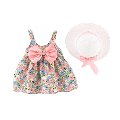 Baby Mädchen ärmelloses Kleid Geburtstagsparty Prinzessin Kleider Rundhalsausschnitt Blumendruck Kleid Sommer Partykleider Strandkleid mit Strohhut Kinder Strandkleidung für Mädchen von Generic