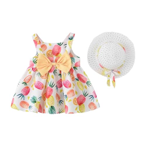 Baby Mädchen ärmelloses Kleid Geburtstagsparty Prinzessin Kleider Rundhalsausschnitt Blumendruck Kleid Sommer Partykleider Strandkleid mit Strohhut Kinder Strandkleidung von Generic