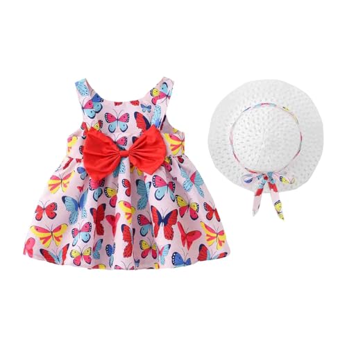 Baby Mädchen ärmelloses Kleid Geburtstagsparty Prinzessin Kleider Rundhalsausschnitt Blumendruck Kleid Sommer Partykleider Strandkleid mit Strohhut Kinder Strandkleidung von Generic
