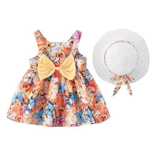 Baby Mädchen ärmelloses Kleid Geburtstagsparty Prinzessin Kleider Rundhalsausschnitt Blumendruck Kleid Sommer Partykleider Strandkleid mit Strohhut Strandkleidung von Generic