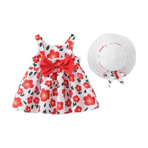 Baby Mädchen ärmelloses Kleid Geburtstagsparty Prinzessin Kleider Rundhalsausschnitt Blumendruck Kleid Sommer Partykleider Strandkleid mit Strohhut Strandkleidung von Generic