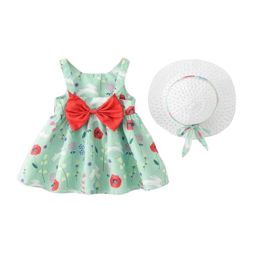 Baby Mädchen ärmelloses Kleid Geburtstagsparty Prinzessin Kleider Rundhalsausschnitt Blumendruck Kleid Sommer Partykleider Strandkleid mit Strohhut Strandkleidung von Generic