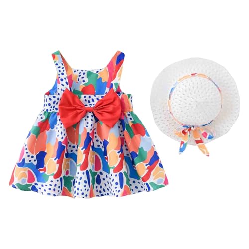 Baby Mädchen ärmelloses Kleid Geburtstagsparty Prinzessin Kleider Rundhalsausschnitt Blumendruck Kleid Sommer Partykleider Strandkleid mit Strohhut Strandkleidung von Generic