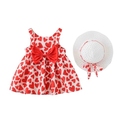 Baby Mädchen ärmelloses Kleid Geburtstagsparty Prinzessin Kleider Rundhalsausschnitt Blumendruck Kleid Sommer Partykleider Strandkleid mit Strohhut Strandkleidung von Generic