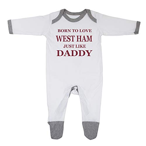 Baby-Schlafanzug mit Aufschrift "Born To Love West Ham Just Like Daddy", entworfen und bedruckt in Großbritannien aus 100 % feiner, gekämmter Baumwolle, Weiß/grauer Rand, 80 von Generic