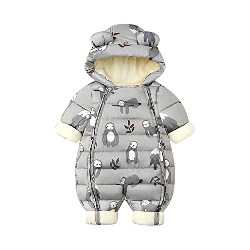 Baby Strampler Strampelanzug mit Kapuze Schneeanzüge mit Handschuhen und Füßlinge Fleece Baumwolle Strampler für Kleinkinder, Jungen Mädchen Faultier-Druck Warm Overall Winterjacke (Grey, 6-9 Months) von Generic