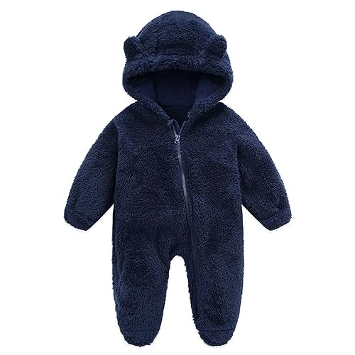 Baby Strampler Winter Warm Schneeanzug Fleece Strampelanzug Reißverschluss Overall mit Kapuze für 0-12 Monat Dark Blue 0-3M von Generic