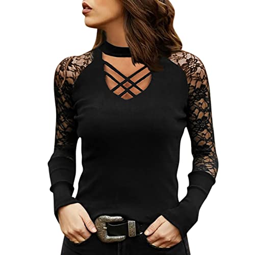 Babydoll Damen Oberteil Frauen Top Hemd lose Bedruckte V-Ausschnitt Top Bluse Spitze sexy Langarm Elegantes Hohl-Modehemd Damen Bluse Große Größen von Generic