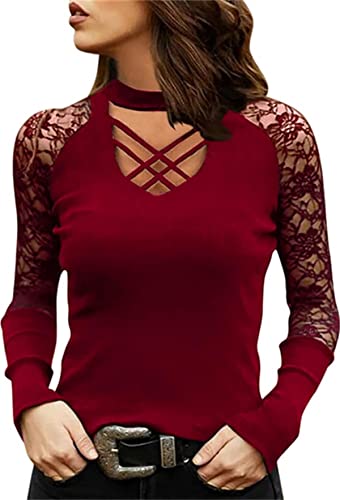 Babydoll Damen Oberteil Frauen Top Hemd lose Bedruckte V-Ausschnitt Top Bluse Spitze sexy Langarm Elegantes Hohl-Modehemd Damen Bluse Große Größen von Generic