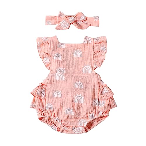 Babykleidung Mädchen 0-6 Monate Baby Zubehör 0-6 Sommer Baby Overall gekräuselt Regenbogen Druck Schnürung rückenfrei Overall Baby Stirnband Strampler 2er Set von Generic