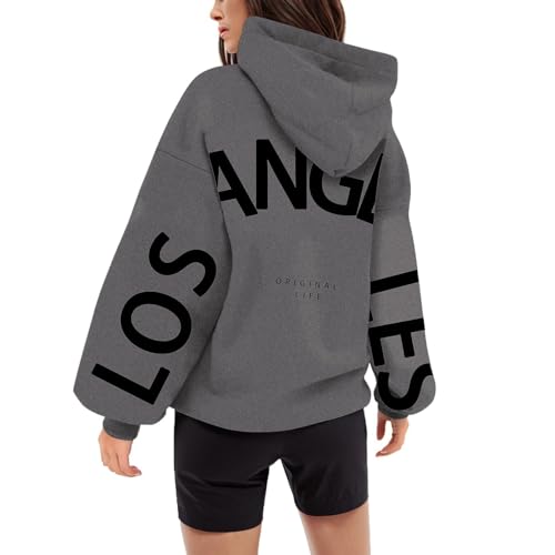 Backprint Hoodie Damen Mit LOS Angeles Aufdruck Oversize Pullover Mit Kapuze Sweatshirt Baumwolle Freizeit Kapuzenpullover Langarm Oberteile Langarmshirt Tops Kuschelhoodies für Teenager von Generic