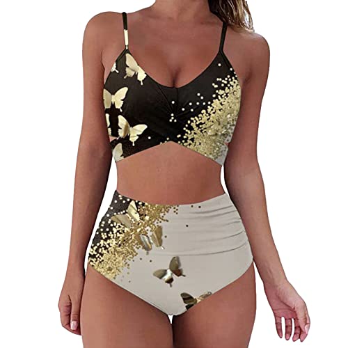 Badeanzüge für Frauen Boardshorts und Top Damen Print Bikini Set Push Up Baden Mode Bademode Hohe Taille Badeanzug Zweiteiliges Set Punktdruck Badeanzug, gold, 44 von Generic